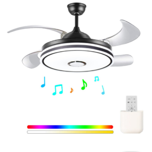 Abanico negro de techo retráctil con luz y altavoz Bluetooth RGB