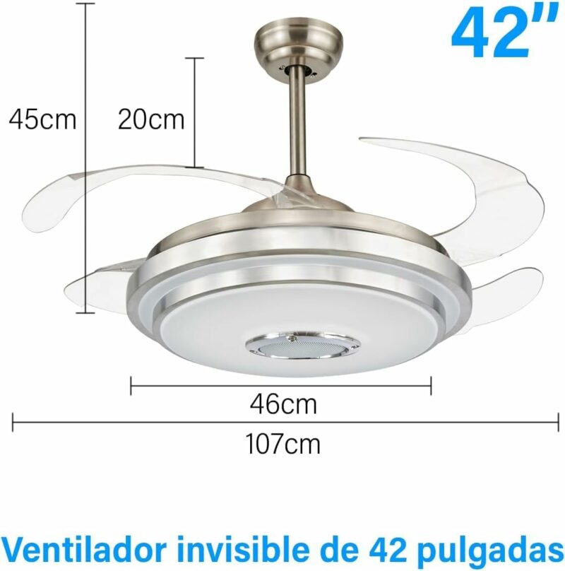 Abanico plateado de techo retráctil con luz y altavoz Bluetooth RGB - Imagen 2